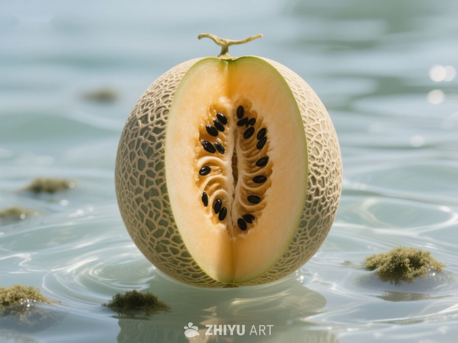 切开的甜瓜漂浮在水面上 393