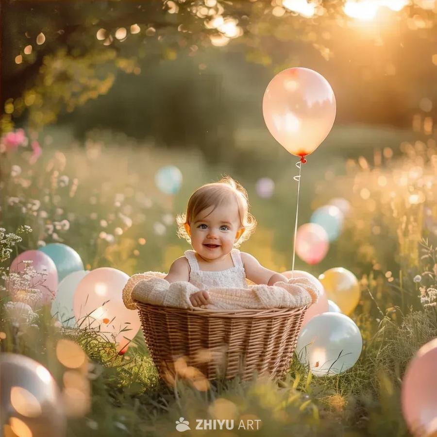 一个穿着白色连衣裙的幼儿坐在一个柳条篮子里，周围环