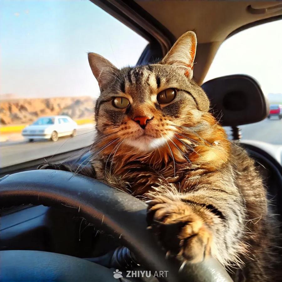 一只棕色虎斑猫坐在汽车驾驶座上，爪子放在方向盘上。
