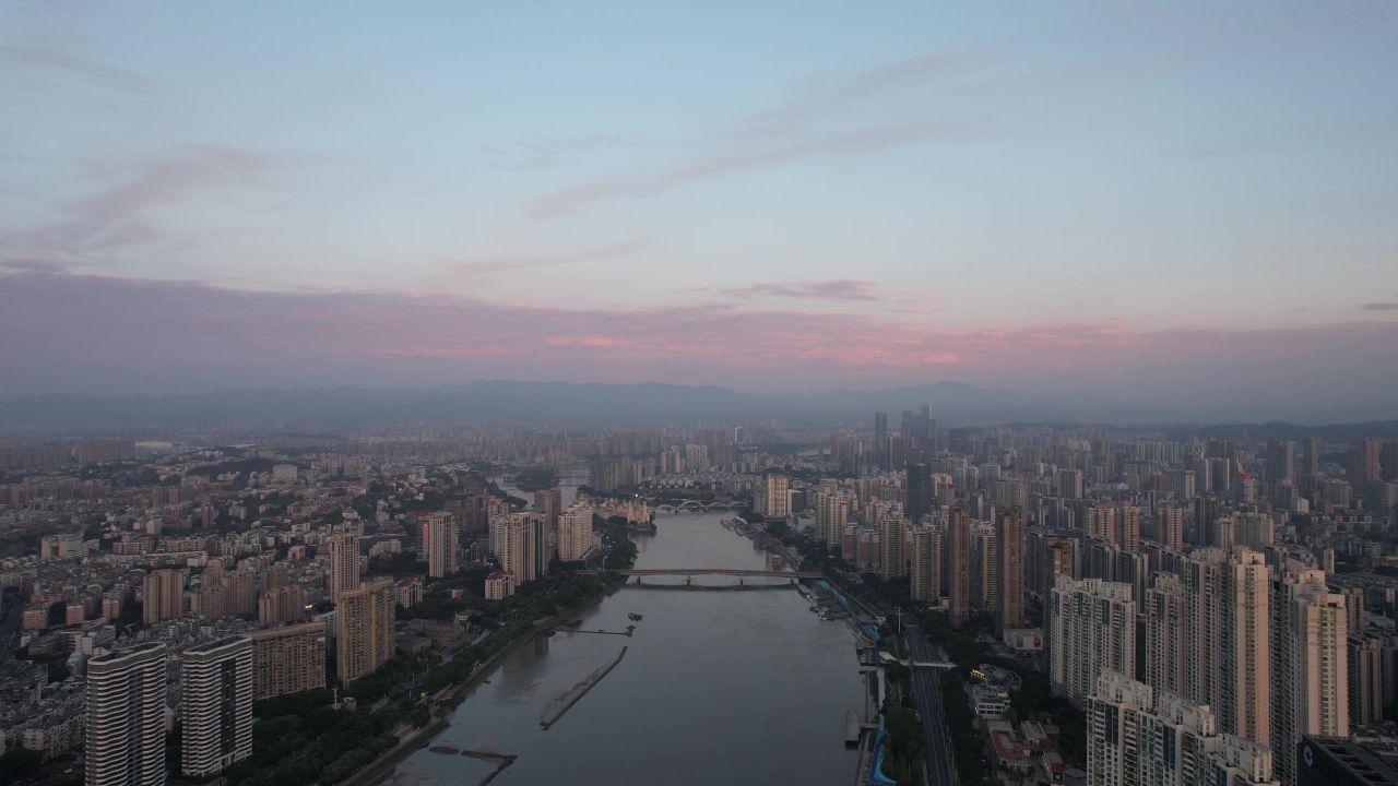 福建福州城市清晨闽江日出航拍