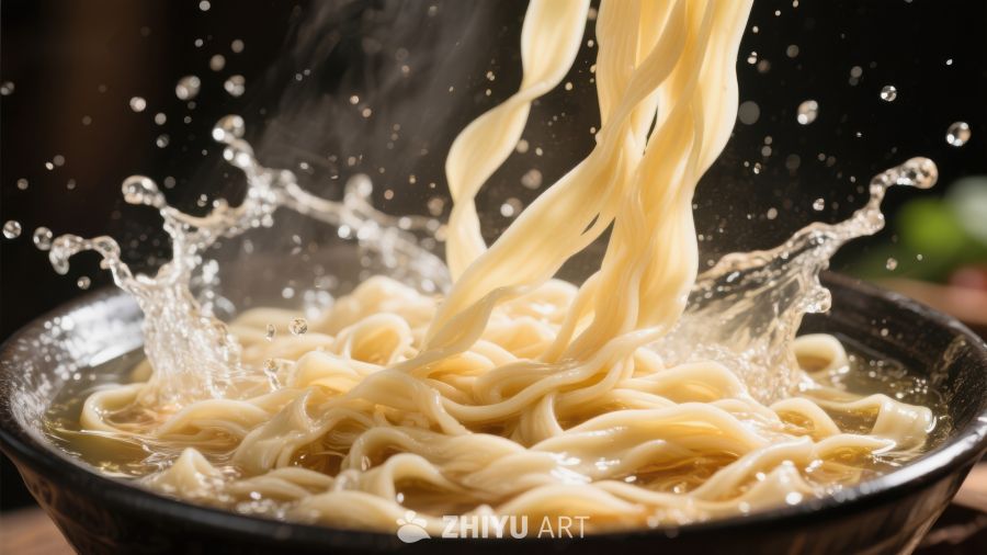 热腾腾的面条落入碗中溅起水花