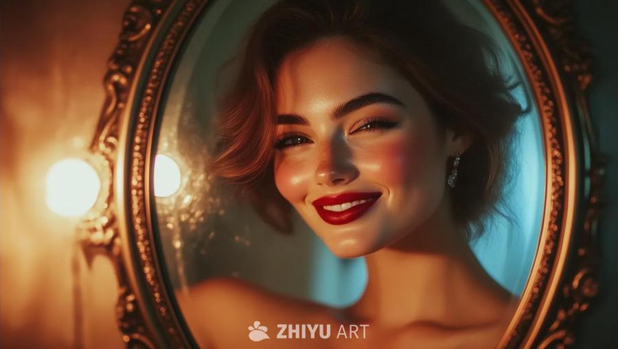 一位女士对着一个装饰华丽的复古镜子自画像。她在镜子