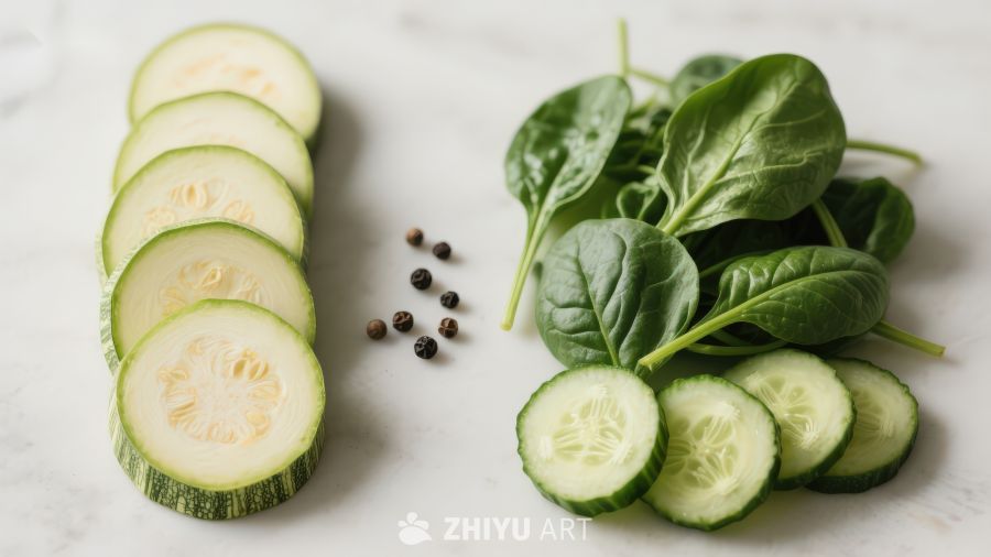 黄瓜片与菠菜的静物摆拍
