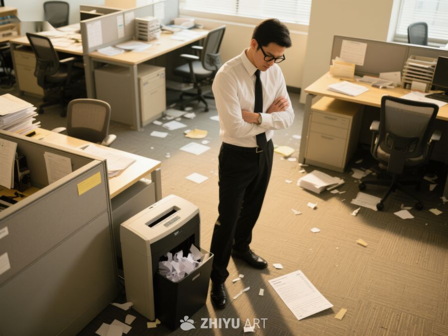 办公室内纸张散落，男子站立思考 3