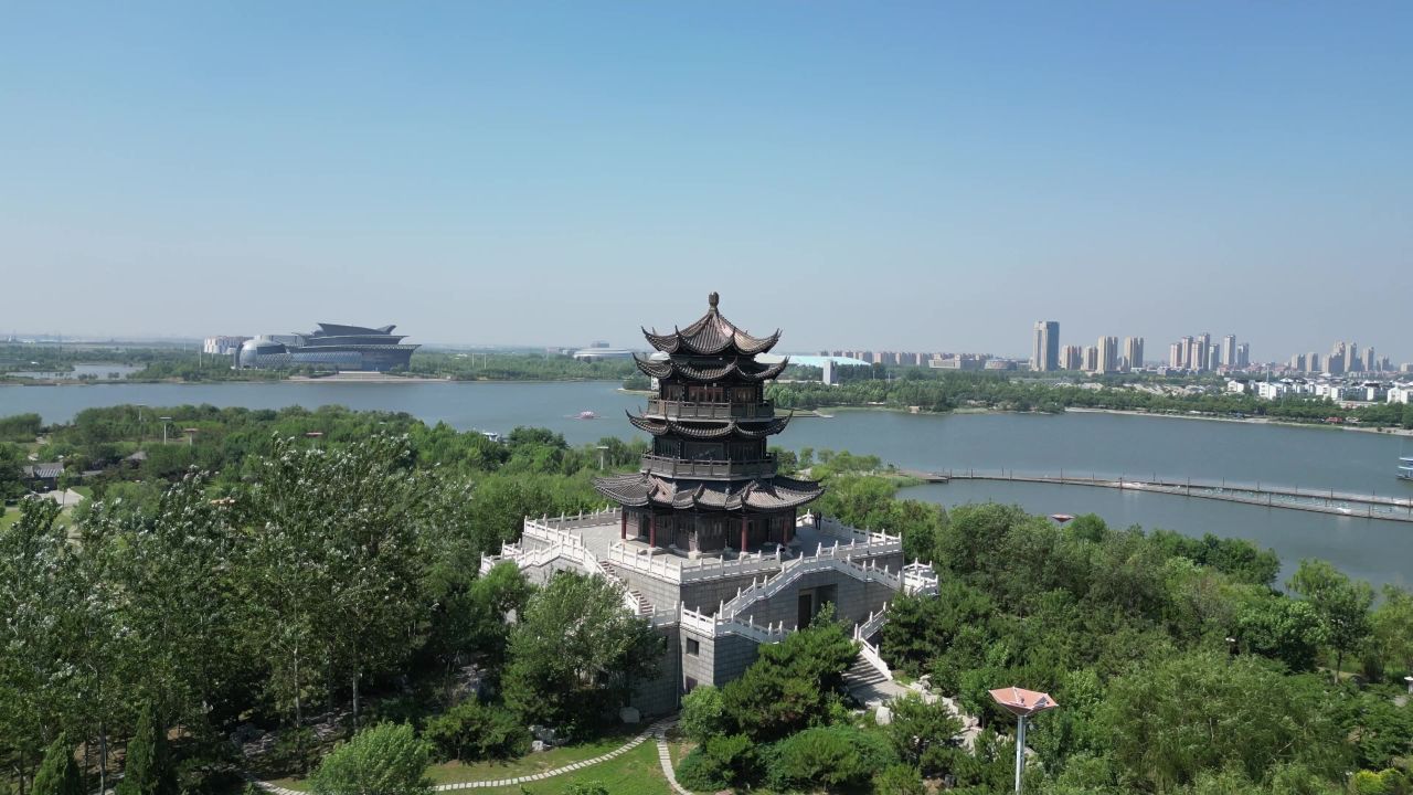  航拍山东东营清风湖公园多宝塔