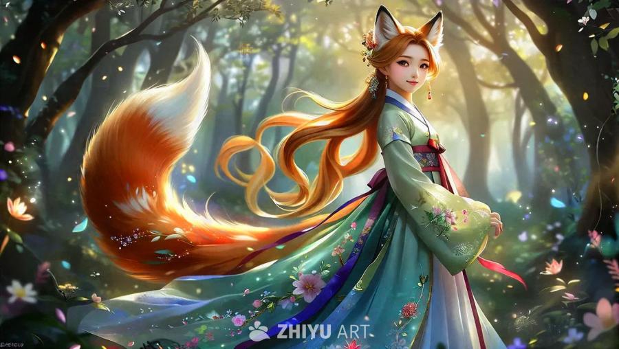 一个穿着精致优雅韩服的九尾狐女孩，优雅地站在一个充