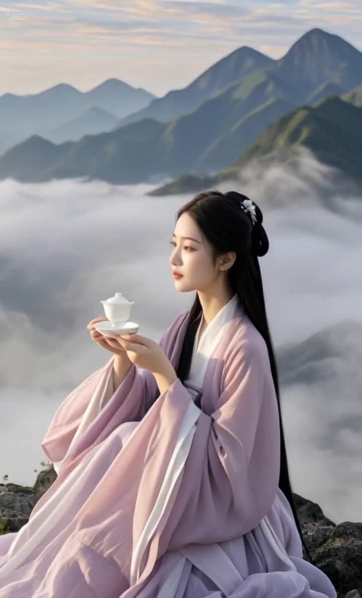 一位身着粉色汉服的女子，黑发垂肩，发髻上装饰着发饰
