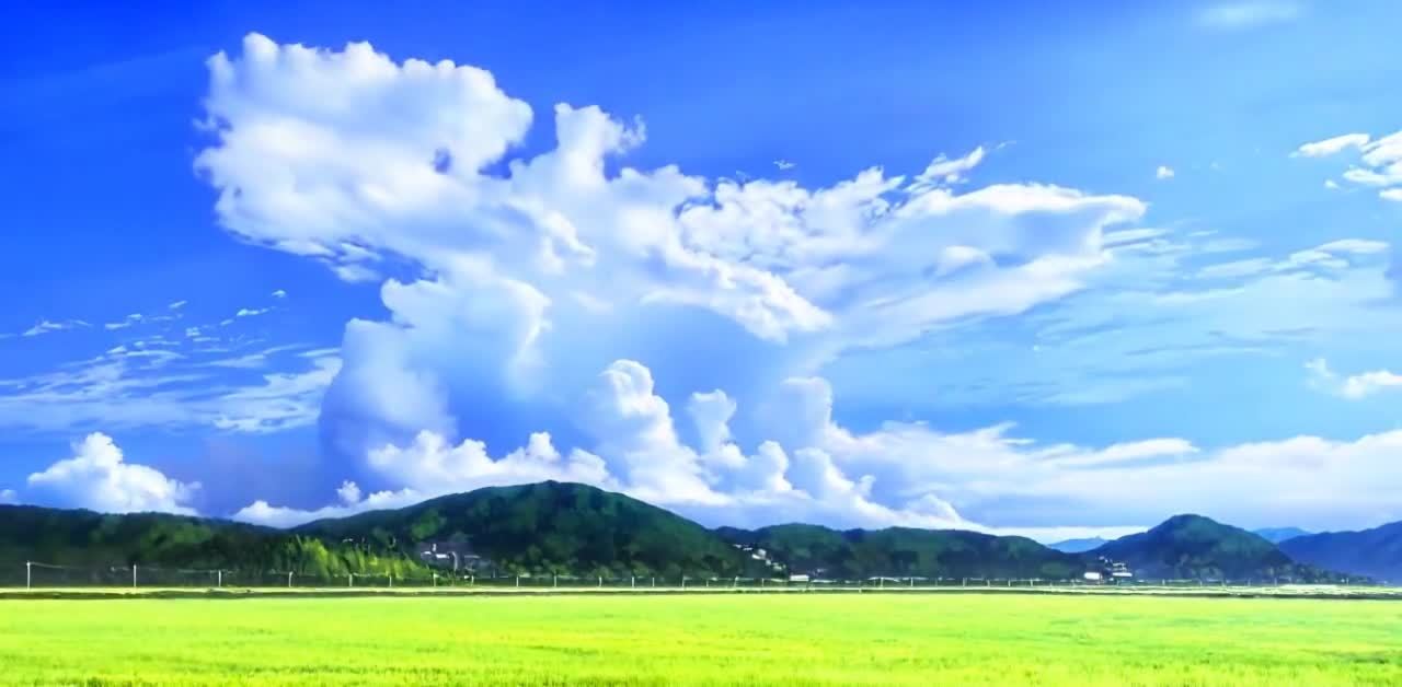 一片广阔的绿色田野占据了大部分画面。田野后方是一排