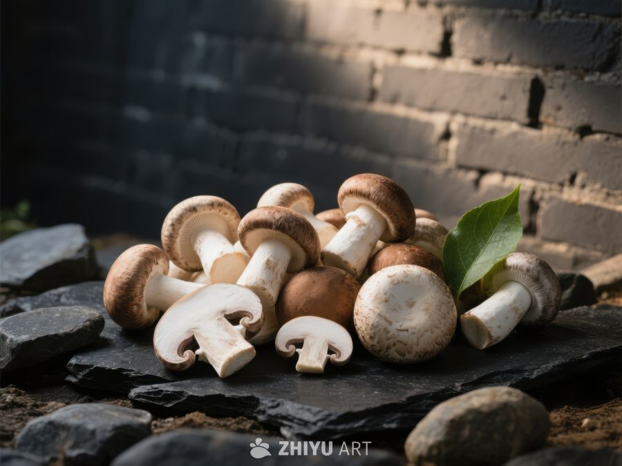 新鲜蘑菇堆放在石板上 570