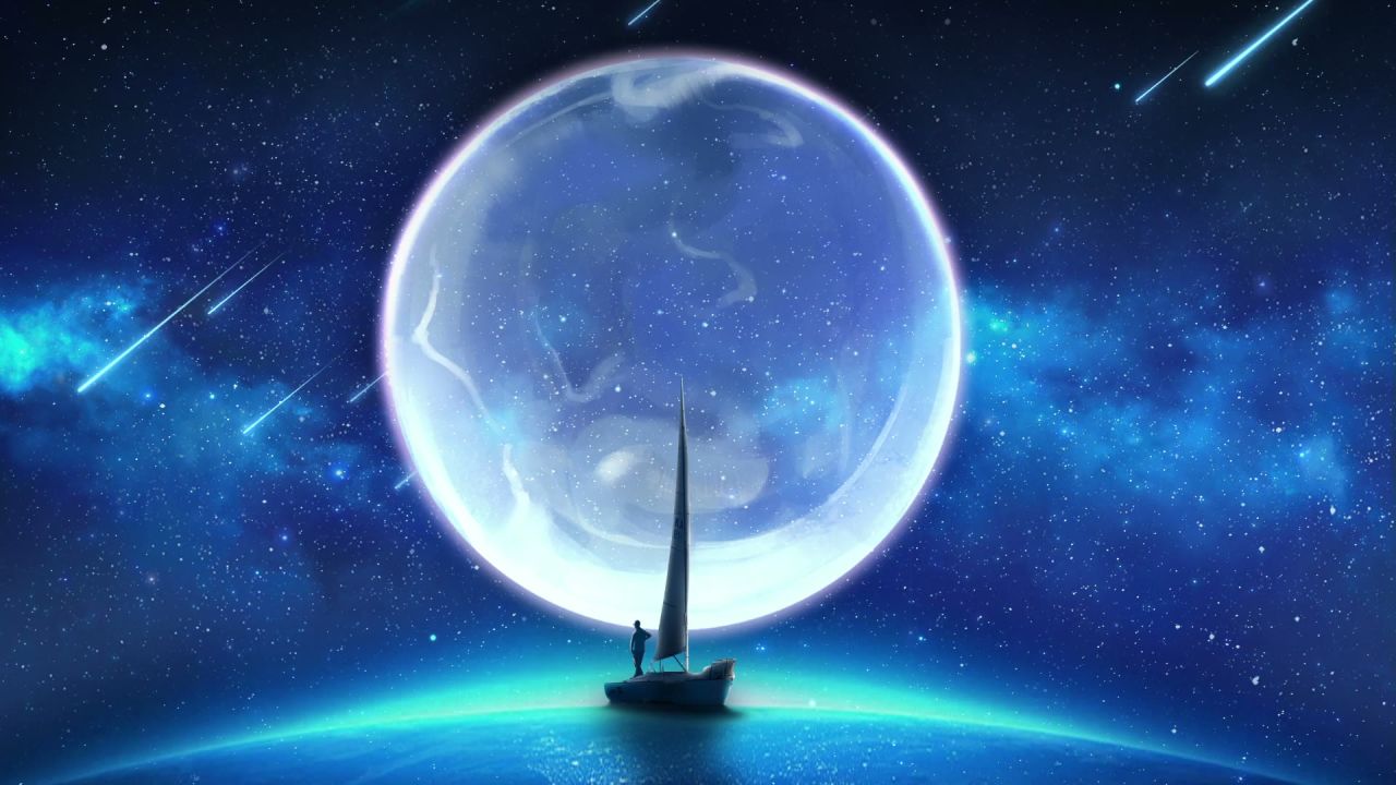 唯美大海上升月亮白月光蓝色夜空圆月明月大屏幕舞台LED视频  174