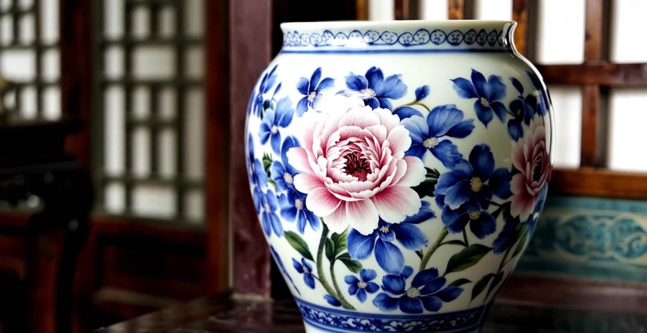 一个绘有牡丹花的青花瓷瓶。镜头缓缓移动，聚焦到一个