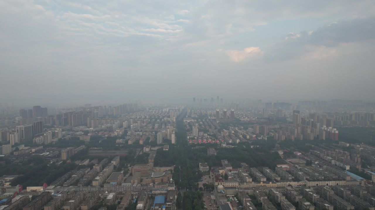 山东淄博清晨城市迷雾日出彩霞航拍 