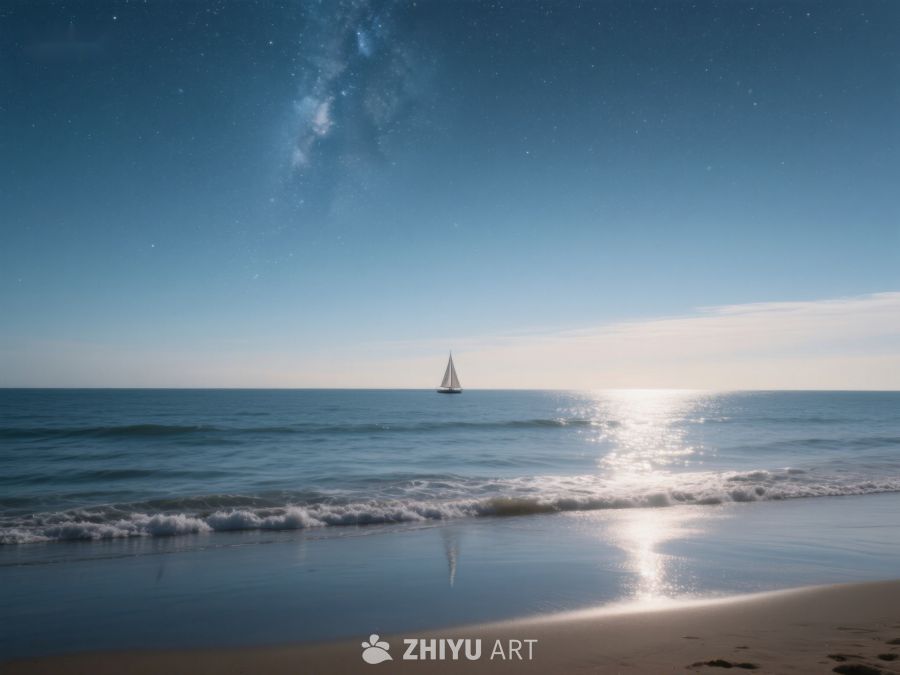 夜幕下的海滩与帆船 496