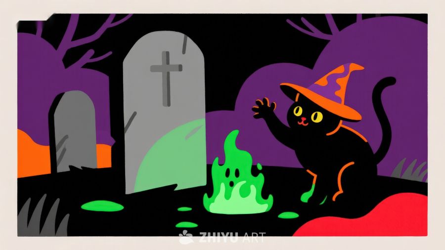 万圣夜墓地中的黑猫与幽灵