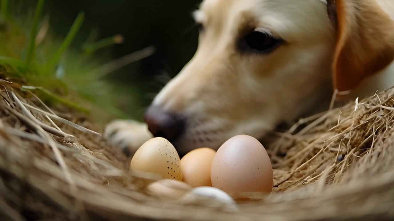 一只黄色的拉布拉多犬趴在草地上，守护着一窝四颗鸟蛋。特写镜头捕捉到了狗狗警惕的眼神和脆弱的鸟蛋。狗：黄色拉布拉多犬  巢穴：由稻草组成  鸡蛋：棕色、白色带斑点