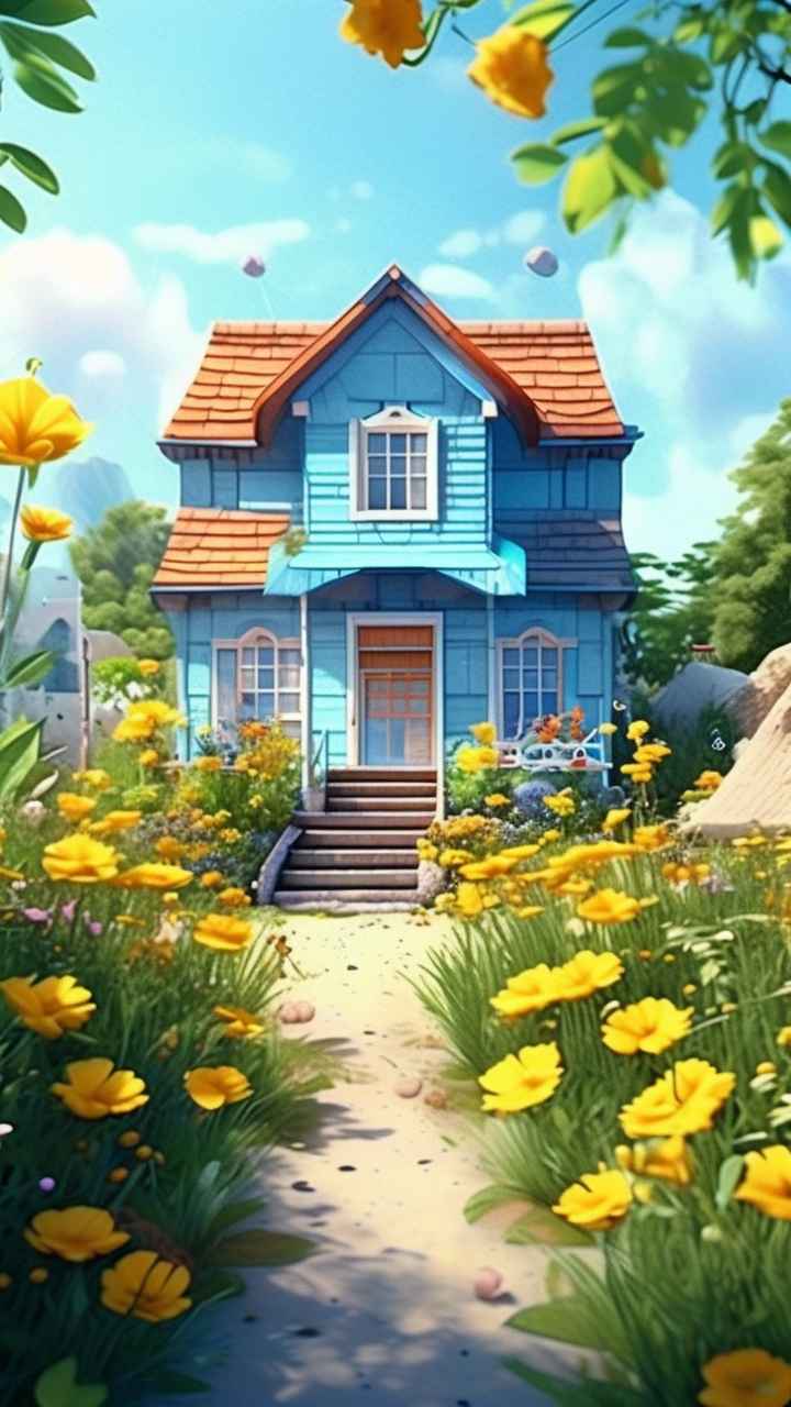 绿色田野里有黄色花朵的房子的水彩插图 33