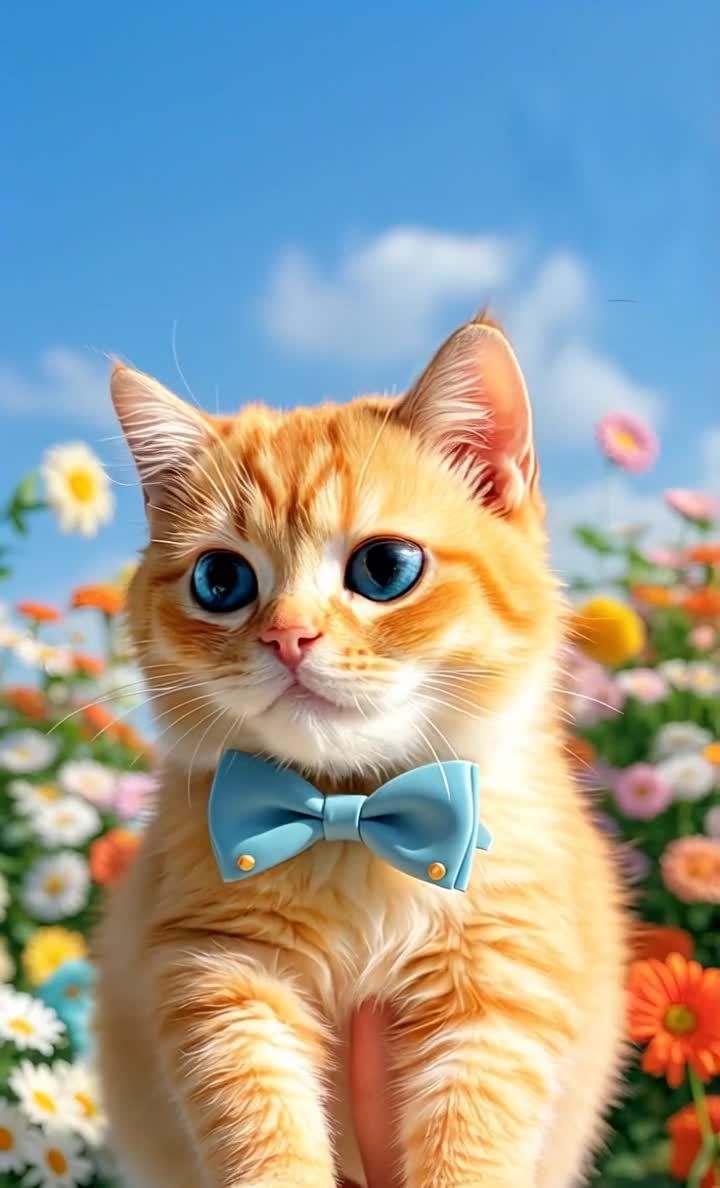 戴蓝领结的橙色小猫花丛中看镜头