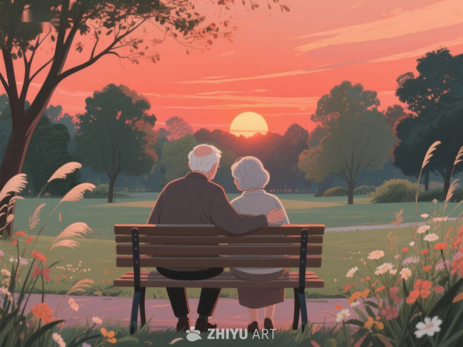 夕阳下公园长椅上的老夫妇 852