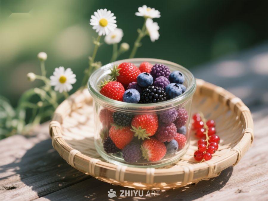 夏日果篮：新鲜浆果与雏菊的自然组合 628