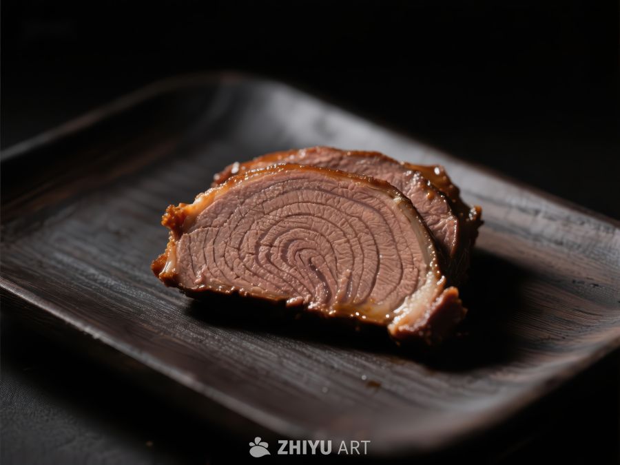 精致切片肉品，置于深色盘中 530