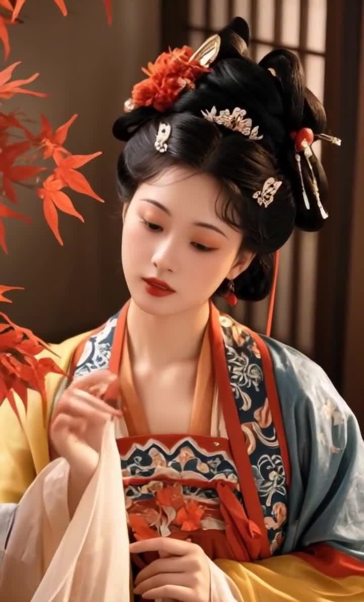 一位女子身着汉服，手持红色枫叶，发髻高挽，配有精致
