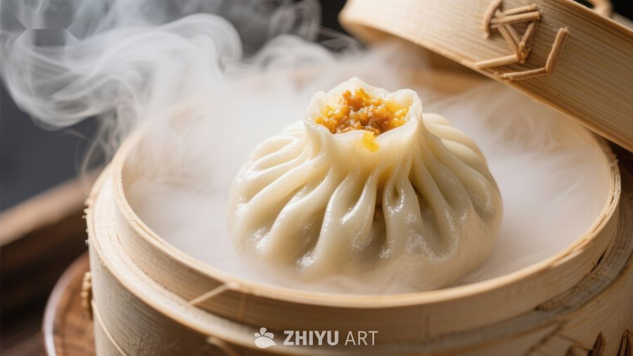 热气腾腾的包子在竹蒸笼中