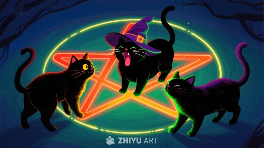 黑猫与巫师帽围绕神秘五角星