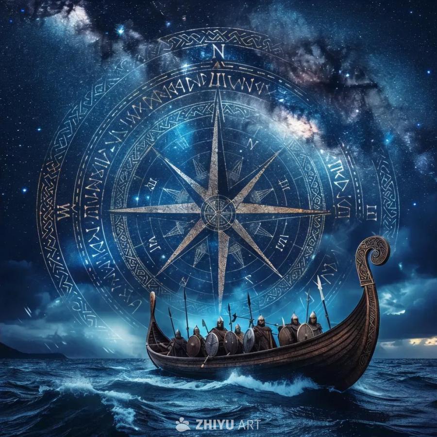 星空背景下，一个巨大的维京罗盘，类似于轨道站。罗盘