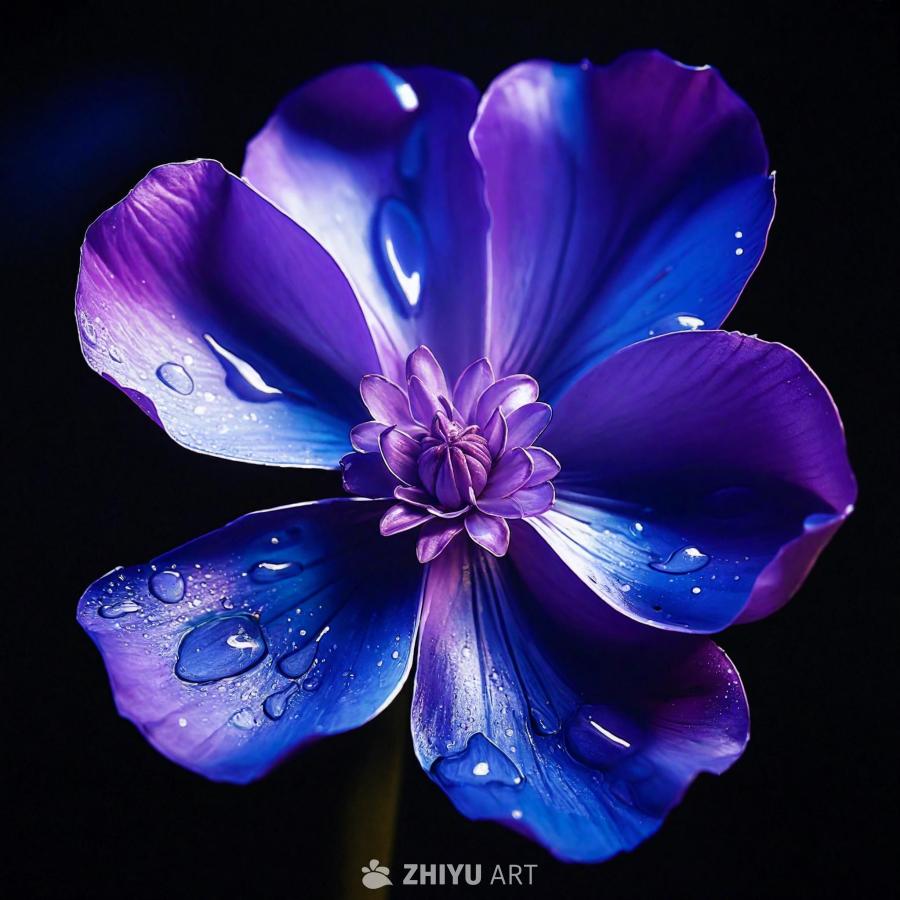 一朵大型紫色花朵，花瓣呈蓝色，可能是丁香花。花朵在
