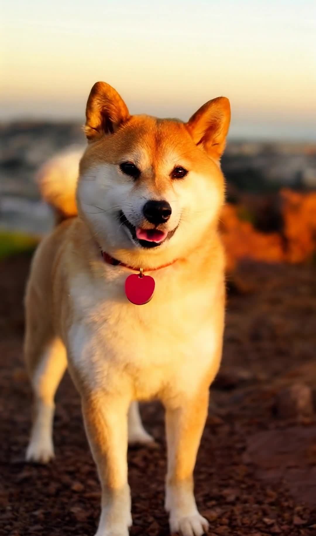 日落下的柴犬：城市背景与红色心形项圈