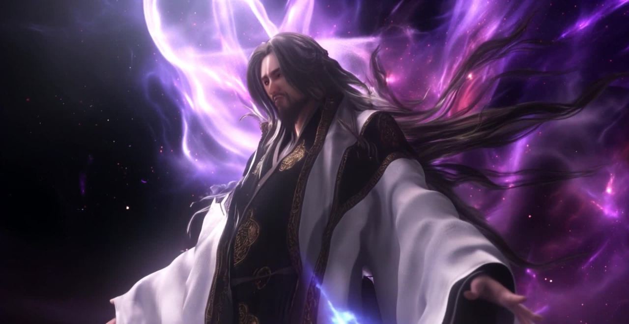 能量环绕长发男子，星云背景下的神秘力量展现