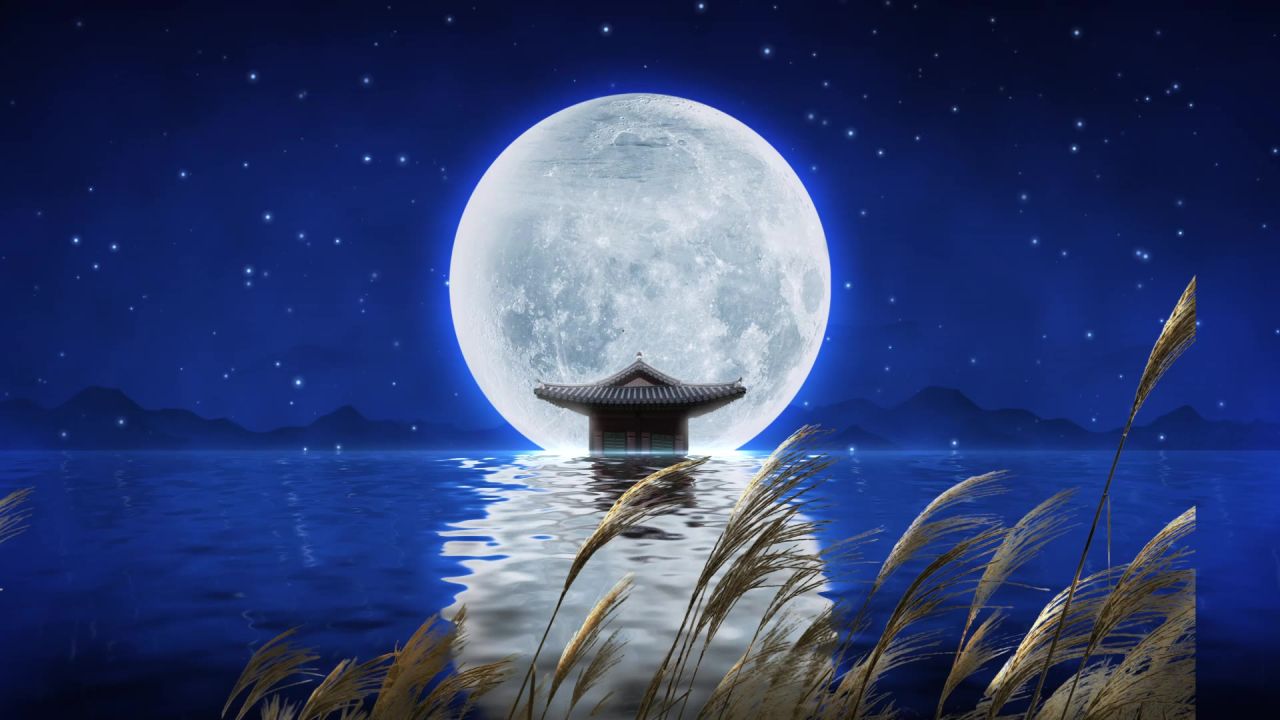 唯美大海上升月亮白月光蓝色夜空圆月明月大屏幕舞台LED视频  125