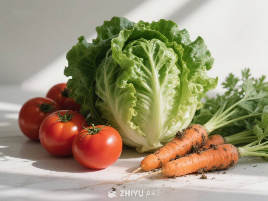 新鲜蔬菜组合：生菜、胡萝卜与番茄 714