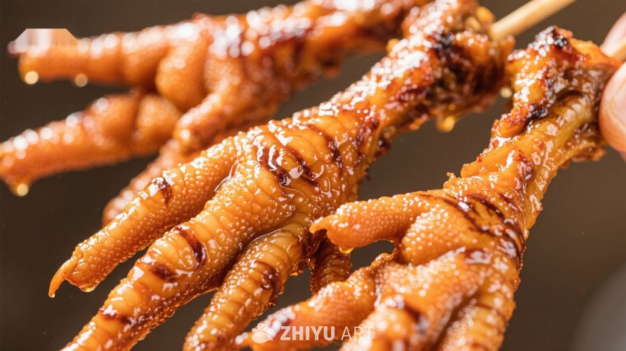 烤鸡爪串特写，色泽诱人