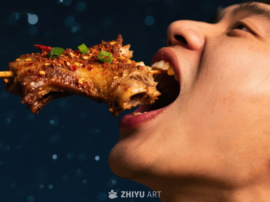 男子品尝香辣烤肉串