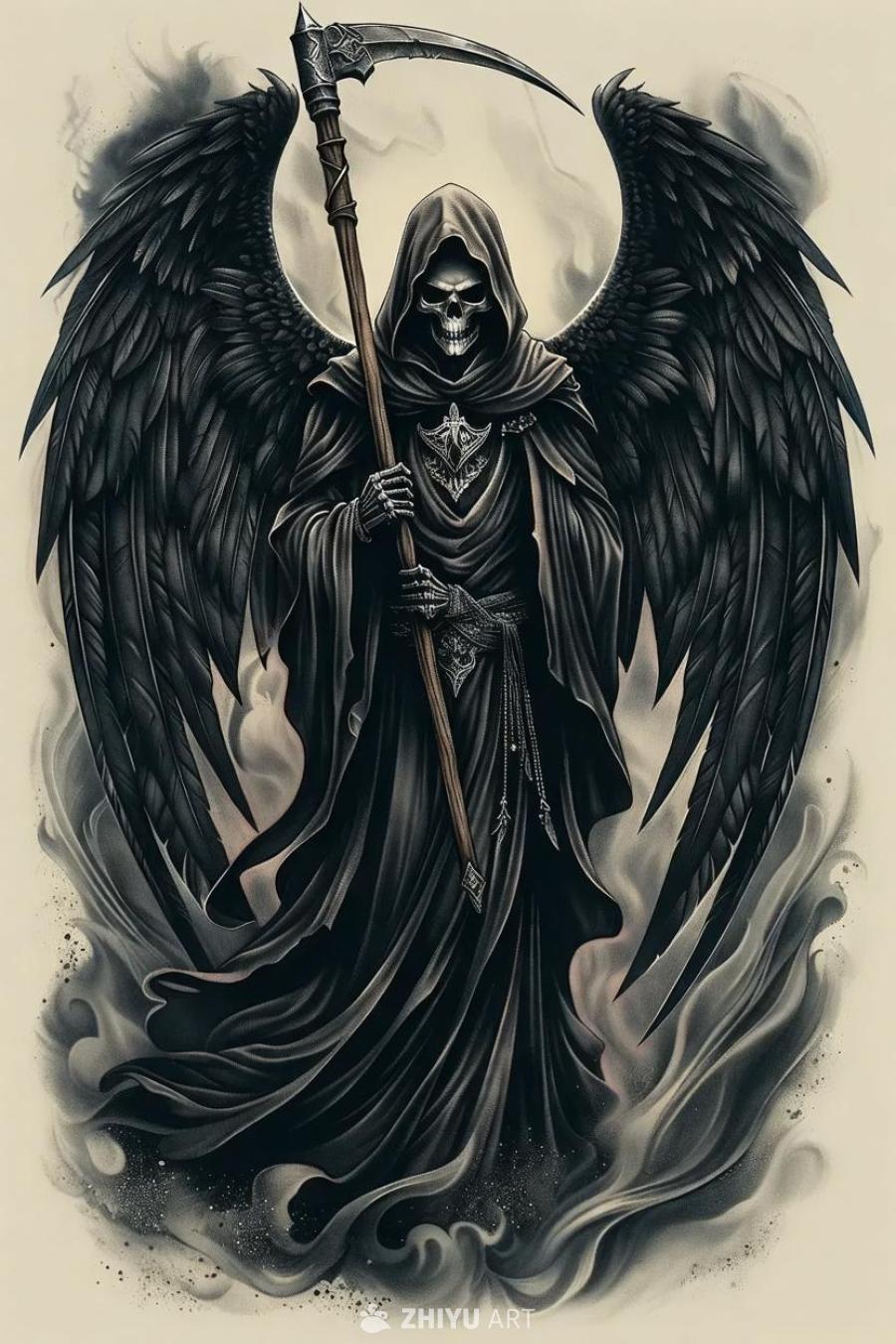一个带有复杂设计的死亡天使纹身图案，以黑暗和空灵的