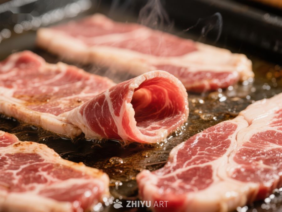 煎烤中的鲜嫩五花肉