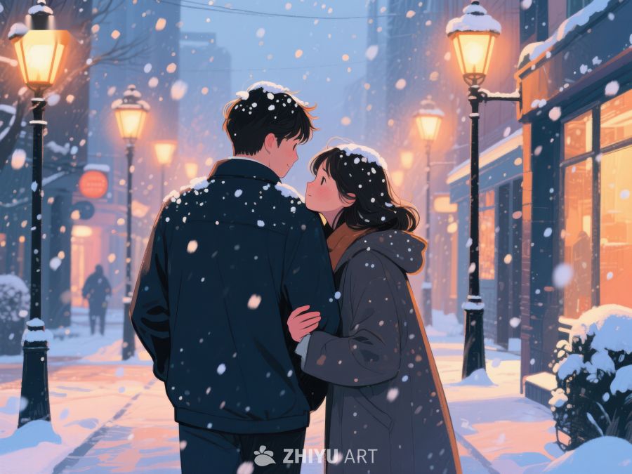 雪夜街头的温馨拥抱 968