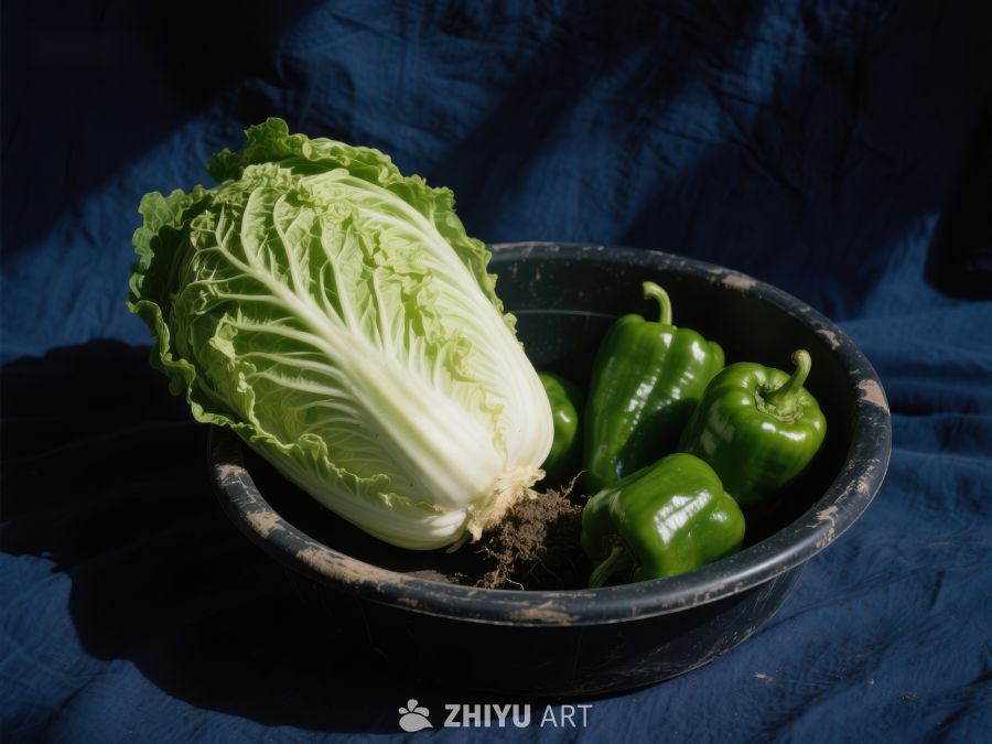 白菜与青椒置于陶碗中 5