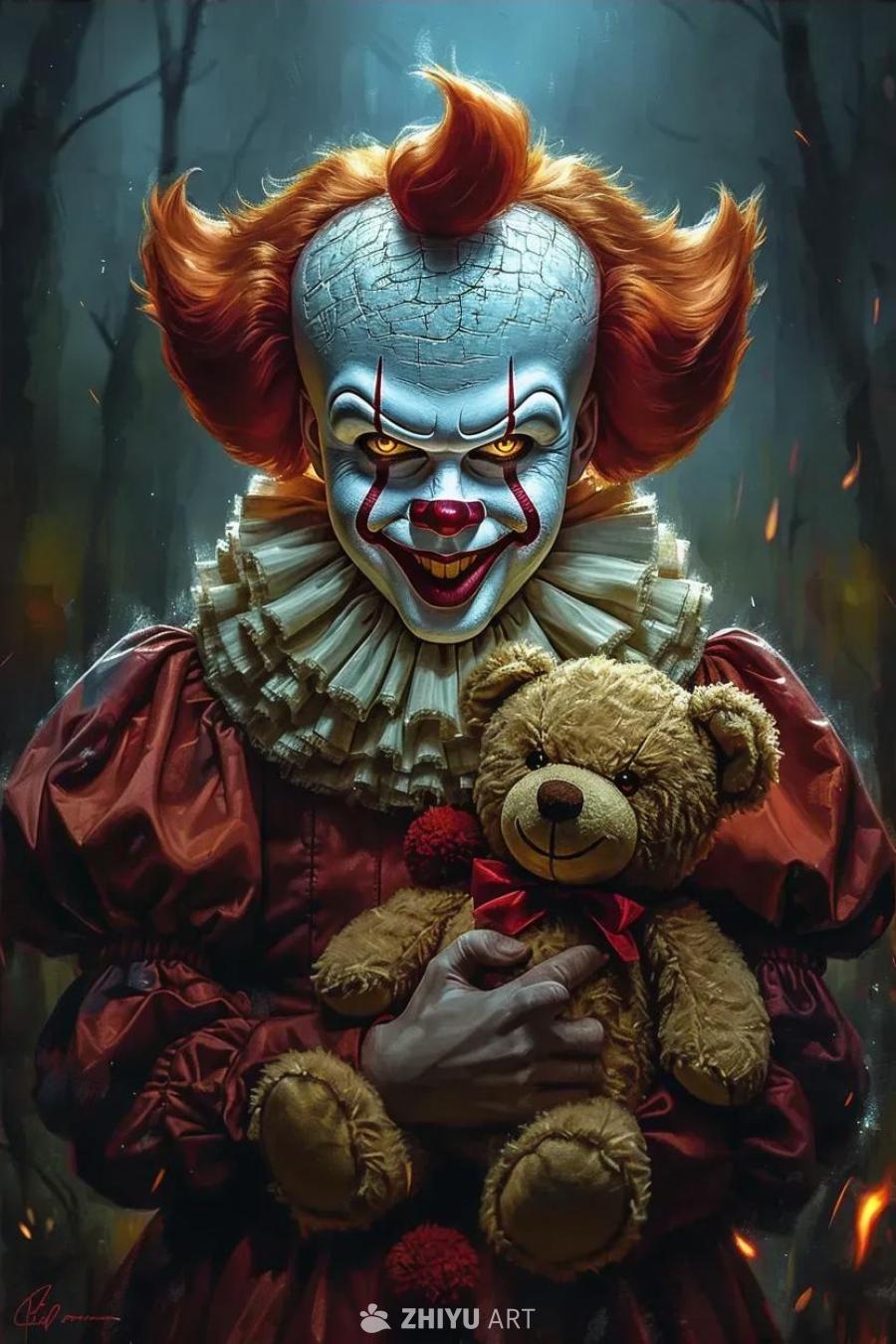 一个数字绘画作品，描绘了一个小丑Pennywise