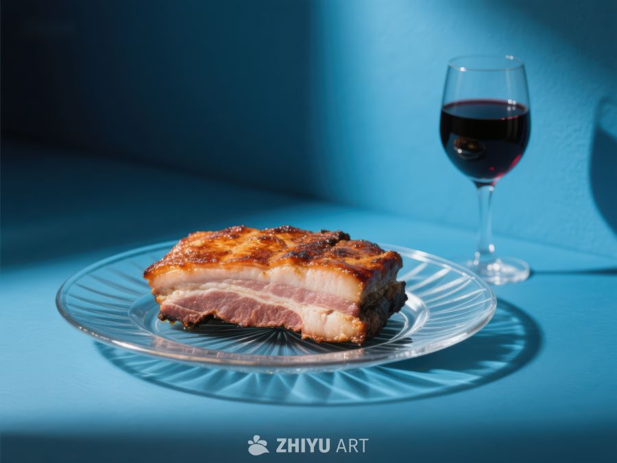烤肉配红酒，蓝色背景下的美食享受