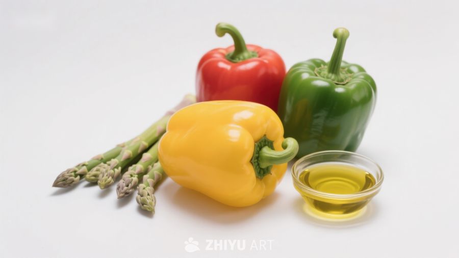 彩椒芦笋与橄榄油静物