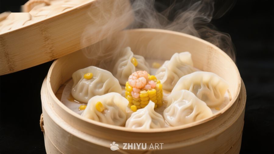 热气腾腾的蒸饺与玉米