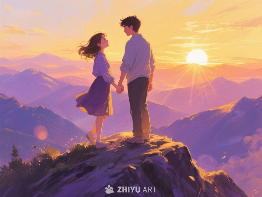 山顶日落下的情侣 647