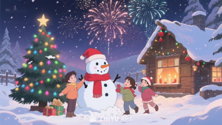 冬夜雪景，儿童与雪人共庆圣诞 112