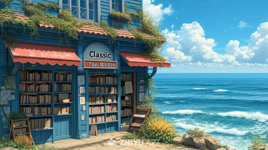 海边悬崖上的蓝色旧书店，被绿植与海浪包围