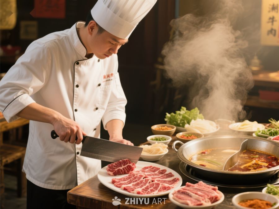 厨师切肉，火锅热气腾腾 53