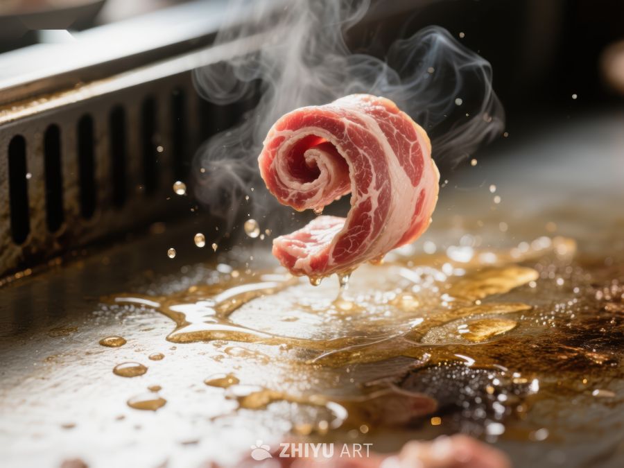 烤肉卷在铁板上滋滋作响