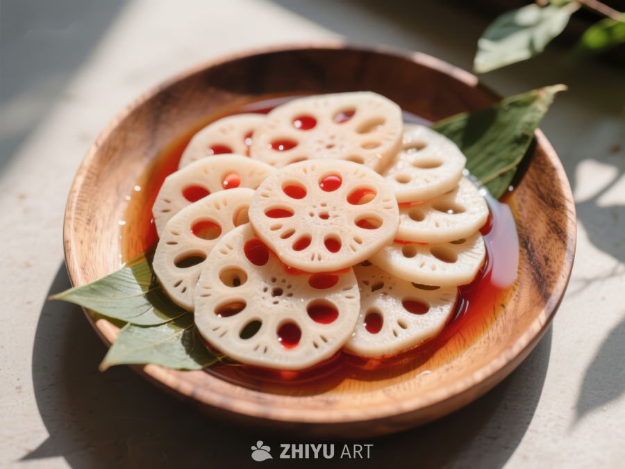 莲藕片浸酱汁，清新自然美食 355