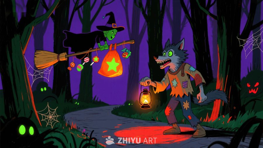 万圣节森林中的巫婆与狼人